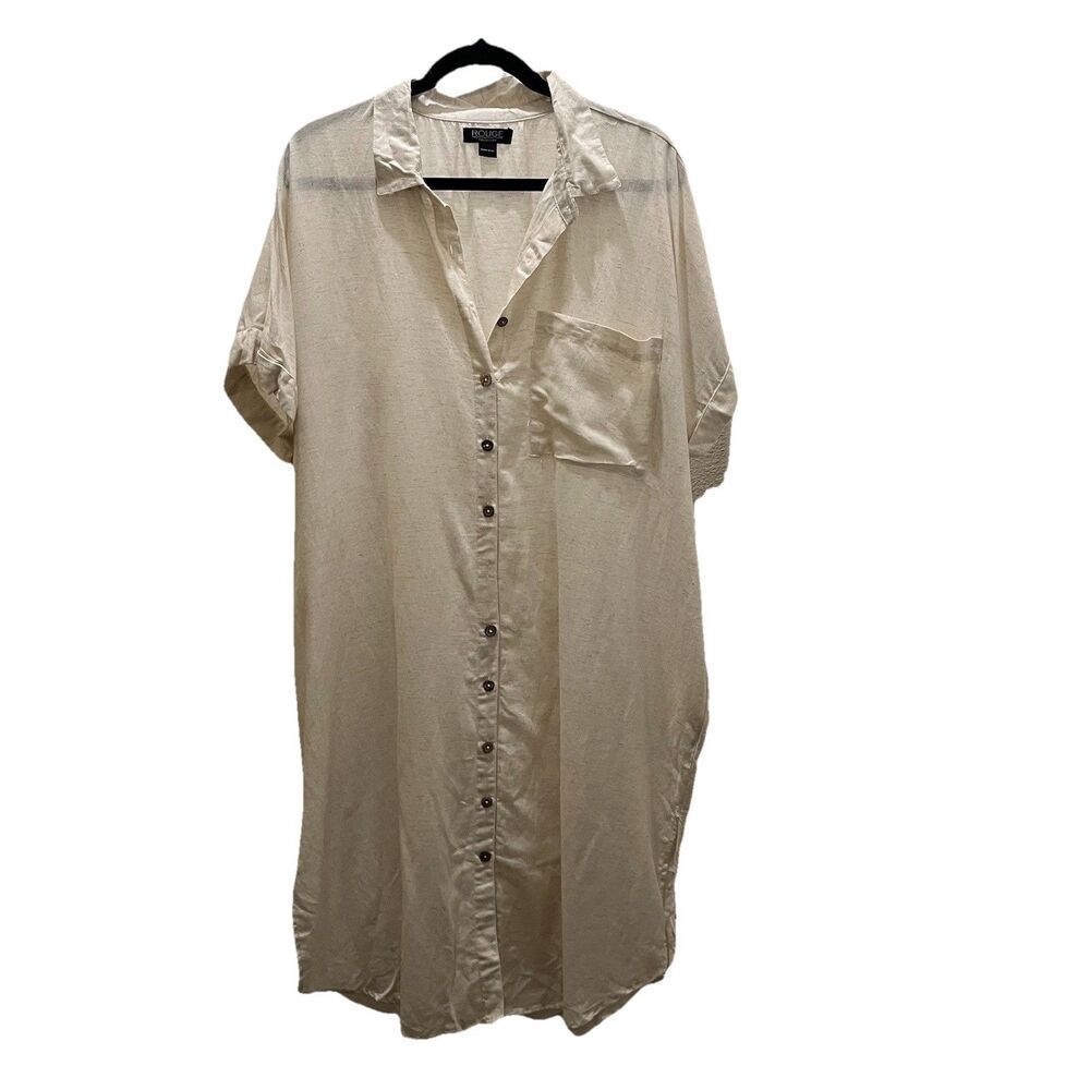 Rouge Collection Linen Blend Button Up Shirt Dress Beige Lagenlook Beachy 2X/3X